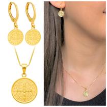 Conjunto Feminino Ouro 18k São Bento Cruz Colar Banhado