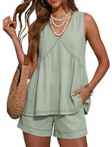 Conjunto feminino Outfit Hooever, sem mangas, decote em V, babado, com babados Conjunto feminino Outfit Hooever, sem mangas, decote em V, babado, com babados