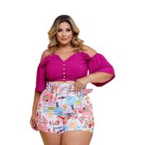 Conjunto Feminino Plus Size Cropped e Short Estampado 0428