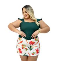 Conjunto Feminino Plus Size Cropped Short Saia Estampado 0251