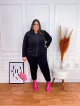 Conjunto Feminino Plus Size Em Plush Preto com Listra Pink Conjunto Feminino Plus Size Em Plush Preto com Listra Pink