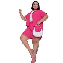 Conjunto Feminino Plus Size em Viscose Dunas Rosa Blusa Soltinha e Bermuda Cintura Alta Elegante e Confortável