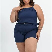 Conjunto Feminino Plus Size Short E Blusa Linho Social Top Azul Marinho
