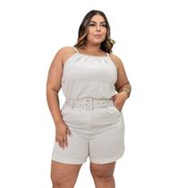 Conjunto Feminino Plus Size Short E Blusa Linho Social Top Bege