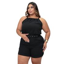 Conjunto Feminino Plus Size Short E Blusa Linho Social Top Preto