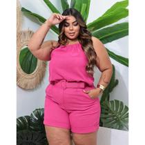 Conjunto Feminino Plus Size Short E Blusa Linho Social Top Rosa