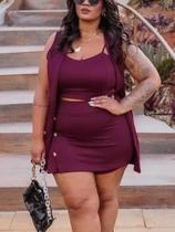 Conjunto Feminino Plus Size Social 3 Peças Blazer Cropped Short Saia Conjunto Feminino Plus Size Social 3 Peças Blazer Cropped Short Saia