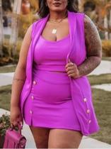 Conjunto Feminino Plus Size Social 3 Peças Blazer Cropped Short Saia Conjunto Feminino Plus Size Social 3 Peças Blazer Cropped Short Saia