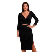 Conjunto Feminino Plus Size Transpassada Cropped Envelope Saia Midi Fenda