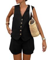 Conjunto Feminino PRETTYGARDEN 2 Peças Colete e Shorts Verão Preto G Conjunto Feminino PRETTYGARDEN 2 Peças Colete e Shorts Verão Preto G
