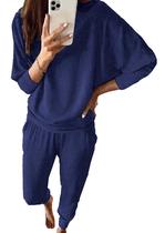 Conjunto Feminino PRETTYGARDEN 2 Peças em Malha Canelada Azul Escuro P Conjunto Feminino PRETTYGARDEN 2 Peças em Malha Canelada Azul Escuro P