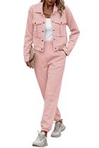 Conjunto Feminino PRETTYGARDEN com 2 Peças Jaqueta Camisa Rosa Botão Tamanho P