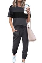 Conjunto Feminino PRETTYGARDEN de Dois Peças com Listras Cinza Escuro XL Conjunto Feminino PRETTYGARDEN de Dois Peças com Listras Cinza Escuro XL