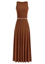 Conjunto Feminino PRETTYGARDEN Saia Longa Marrom 2 Peças G Conjunto Feminino PRETTYGARDEN Saia Longa Marrom 2 Peças G
