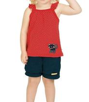 Conjunto Feminino Regata Poá Bolinhas Aplicação Gato C/ Short Tecido Nº 2 Ao 3