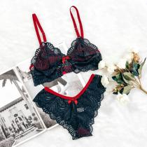 Conjunto Feminino Rendado Bicolor Lingerie Sexy Sem Bojo Com Forro Estilo Luxo