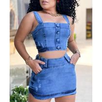 Conjunto feminino saia curta e croppet jeans laycra Conjunto feminino saia curta e croppet jeans laycra