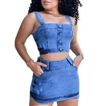 Conjunto feminino saia curta e croppet jeans laycra Conjunto feminino saia curta e croppet jeans laycra
