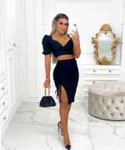 Conjunto Feminino Saia E Cropped Estampa Onca Franzido Cropt