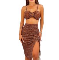Conjunto Feminino Saia E Cropped Estampa Onca Franzido Cropt