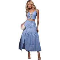 Conjunto Feminino Saia longa Bordado Elegante