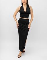 Conjunto Feminino Saia Longa Fenda e Cropeed Decotado Alça Suplex Elegante