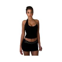 Conjunto Feminino Sexy De Top Cropped Halter Sem Mangas E Minissaia Com Detalhe De Corrente, Justo Conjunto Feminino Sexy De Top Cropped Halter Sem Mangas E Minissaia Com Detalhe De Corrente, Justo