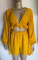 Conjunto Feminino Short + Cropped + Kimono Manga Longa Verão