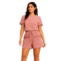 Conjunto Feminino Short e Blusa Básica com Sianinha Crepe Encorpado Cor:RosaTamanho:40