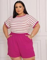 Conjunto Feminino Shorts e Blusa Plus Size Verão Listrado