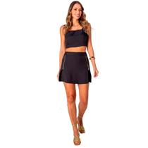 Conjunto feminino shorts saia e top cropped em crepe de alfaiataria