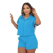Conjunto Feminino Social Blusa Bermuda Alfaiataria Verão M G Elegante shorts e blusa com botões moda curto