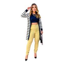 Conjunto Feminino Social Com Calça Cropped e Cardigan Longo Listrado Aberto Três Peças Moda Elegante Tendência
