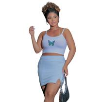Conjunto Feminino Soft Y2K Saia Xadrez e Cropped Borboleta