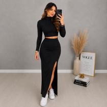 Conjunto Feminino Suplex Cropped Manga Longa Gola Alta e Saia Fenda Premium Conjunto Feminino Suplex Cropped Manga Longa Gola Alta e Saia Fenda Premium