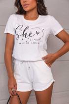 Conjunto feminino t-shirt she inspires + shorts alice off white