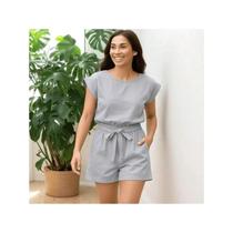 Conjunto Feminino Tamanho Único Shorts Blusa Cinza Casual Confortável Verão com Elástico e Amarração Conjunto Feminino Tamanho Único Shorts Blusa Cinza Casual Confortável Verão com Elástico e Amarração