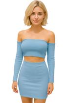 Conjunto Feminino Texturizado Cropped Ciganinha com Bojo e Manga Longa Saia Justa Curta