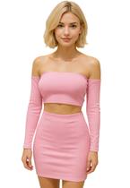 Conjunto Feminino Texturizado Cropped Ciganinha com Bojo e Manga Longa Saia Justa Curta Conjunto Feminino Texturizado Cropped Ciganinha com Bojo e Manga Longa Saia Justa Curta