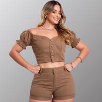 Conjunto Feminino Tinto Cropped e Short Azul Marinho Moda Blogueira Tendência