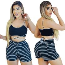 Conjunto Feminino Top com Alça e Short Ajustável Preto Listrado Conjunto Feminino Top com Alça e Short Ajustável Preto Listrado