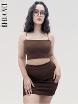 Conjunto feminino top faixa com alças finas + saia curta coladinha tecido grosso Anarruga