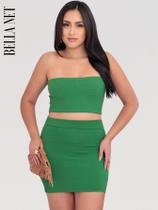 Conjunto feminino top faixa com saia cintura alta coladinha anarruga tecido luxo - Verde - P