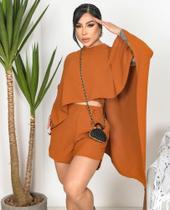 Conjunto Feminino Três Peças Kimono Estilo Capa Shorts E Cropped