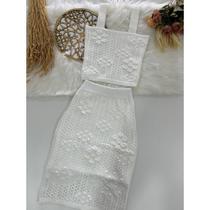 Conjunto Feminino Tricô Modal Premium Saia e Cropped Ponto Crochê c/ Forro Moda Verão Realize Tricot