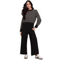 Conjunto Feminino Tricot Blusa Listrada e Calça Canelada Pantalona