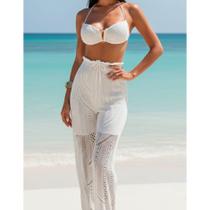 Conjunto Feminino Tricot Calça Pantalona E Top Crochê Saída De Praia Verão 2026 - 3447