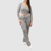Conjunto Feminino Tricot Modal Inverno Cropped Manga Longa Bico Calça Wide Leg Lançamento Moda Gringa