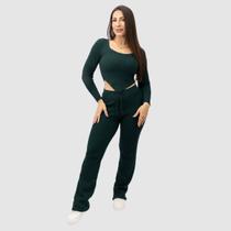 Conjunto Feminino Tricot Modal Inverno Cropped Manga Longa Bico Calça Wide Leg Lançamento Moda Gringa