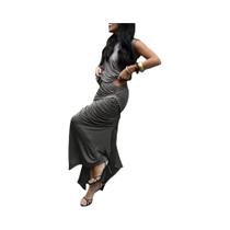 Conjunto Feminino Único De 2 Peças Com Top De Gola Alta Plissado E Saia Maxi Dividida